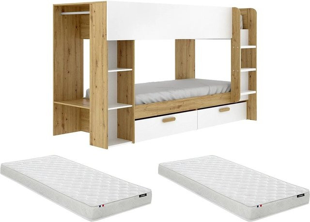 Etagenbett Osana für Kinder in Weiß und Naturfarben mit Kleiderschrank und Schubladen, B/T: 90 x 200 cm - Bild 1