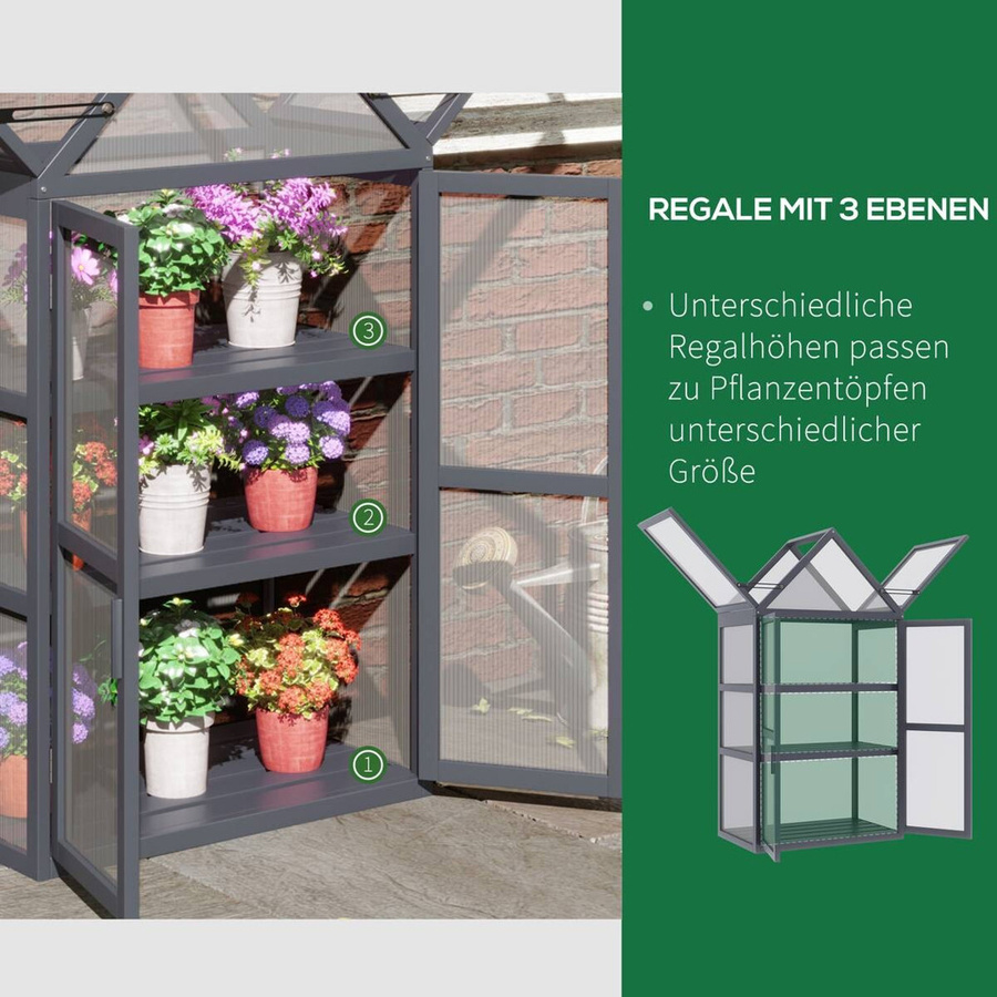 Outsunny Gewächshaus aus Holz und Polycarbonat in Grau mit Regalen, B/H/L: 42 x 132 x 70,5 cm - Bild 3