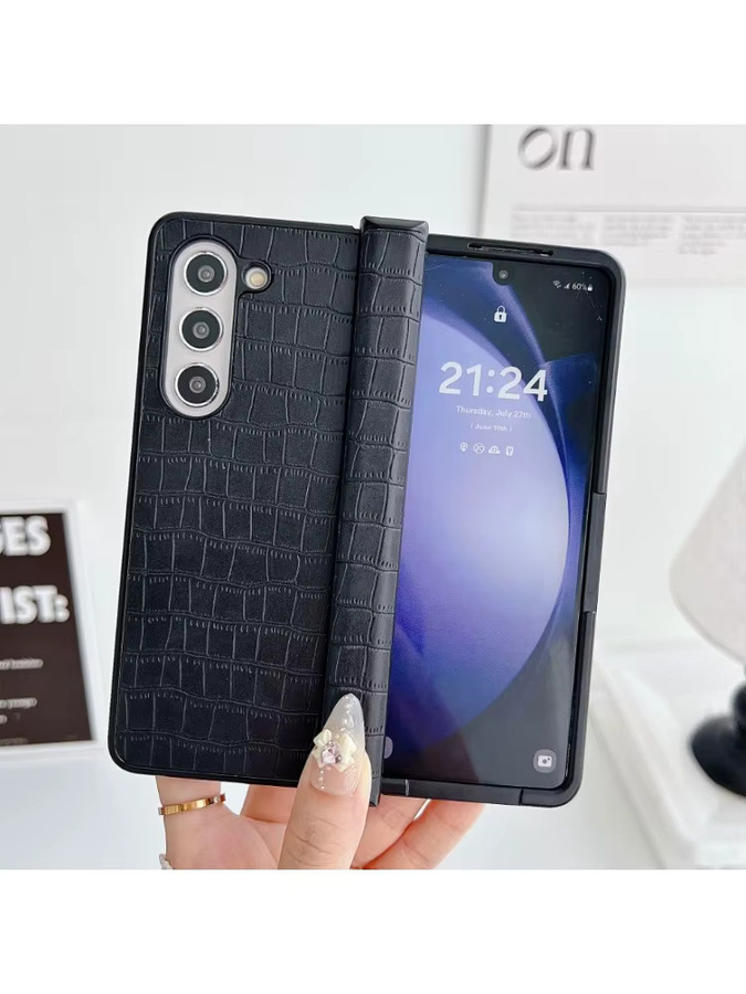 Business-SLE Krokodilleder-Handyhülle mit Scharnier für Samsung Galaxy Z Fold 3, 4, 5, 6, 7 in Schwarz, stoßfeste Schutzhülle - Bild 2