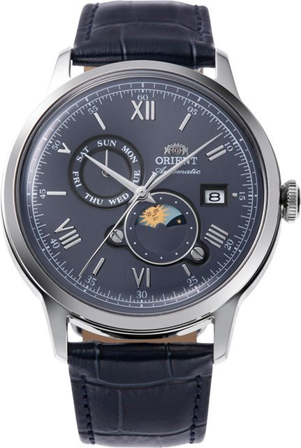 Orient Armbanduhr Bambino Sun & Moon, Automatik, Edelstahl, Blau, Leder, 41 mm, Herren - Bild 1