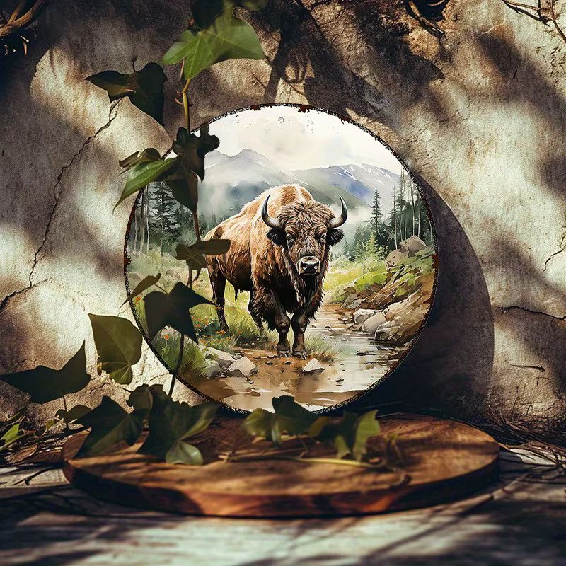 Rustikales Bison Aluminium-Metallschild von Potdemiel, rund, Durchmesser: 20,32 cm - Bild 5