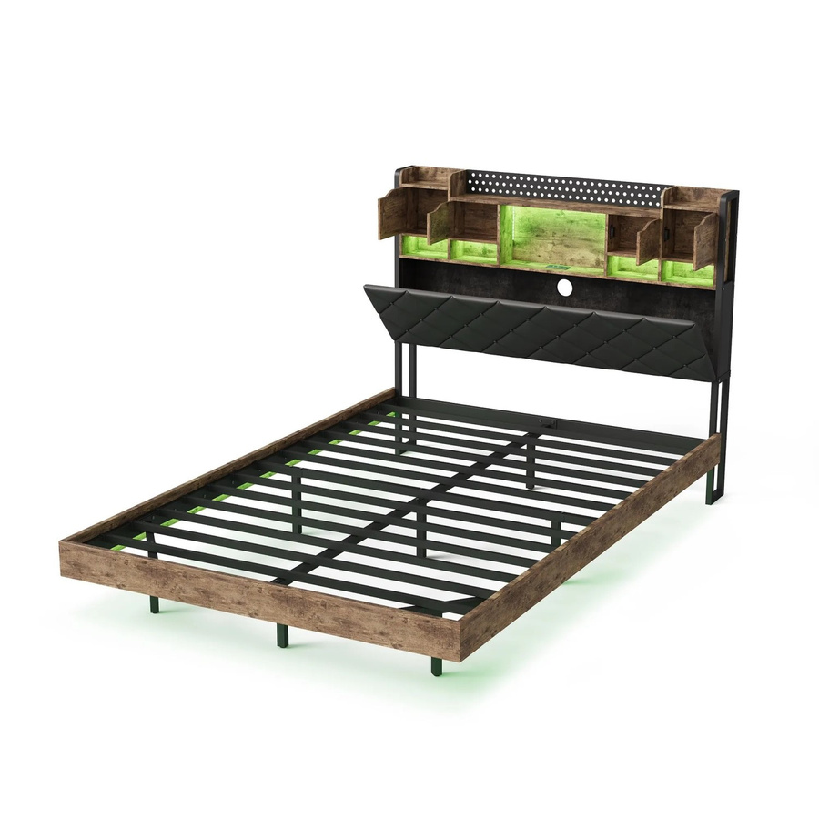 PXloue Doppelbett mit Lattenrost in Schwarz aus Kunstleder mit LED-Beleuchtung, USB-Ladeport und Nachttischablage, B/T/H: 140 x 200 x 143 cm - Bild 2