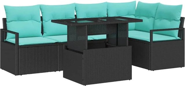 vidaXL Garten-Sofa-Set aus Poly-Rattan in L-Form, 6-teilig mit Kissen, Schwarz und Blau - Bild 1