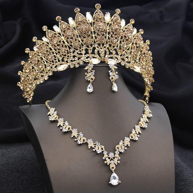 YIRAN Jewelry Schmuckset, Hochzeitskrone, Tiara, Ohrringe, Halskette, Gold, Perle, Kristall, Damen - Bild 1