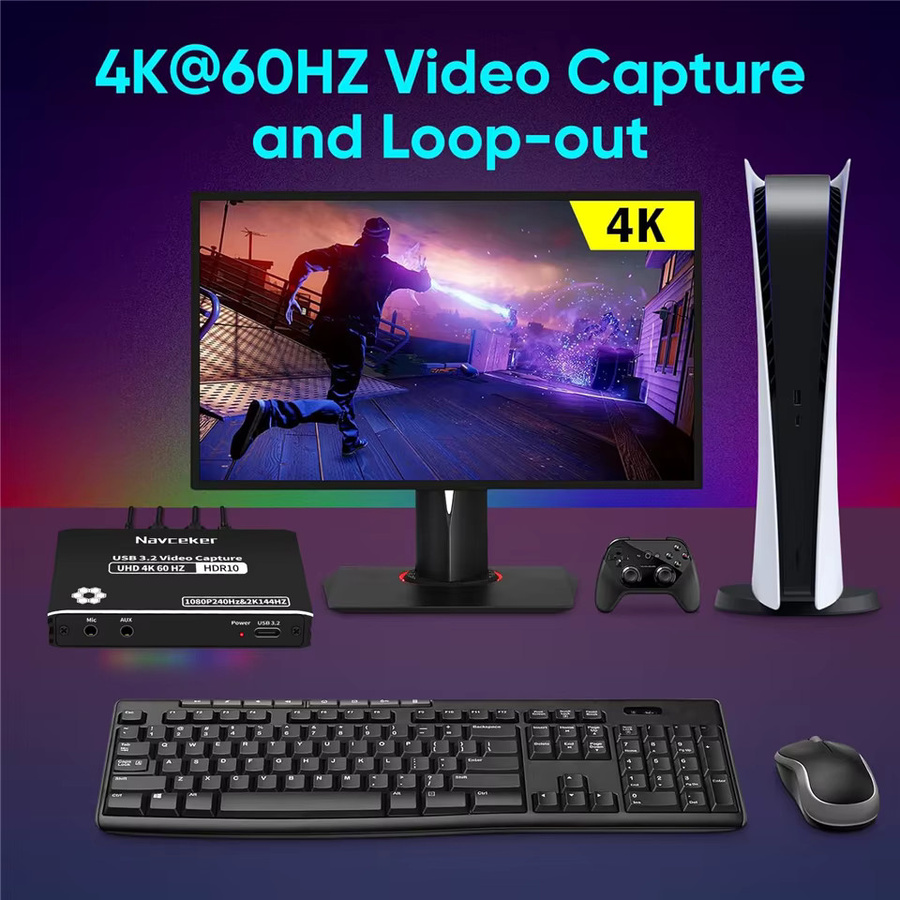 Navceker HDMI USB-C Video Capture Card 4K 60Hz mit HDCP Bypass für Live-Streaming, PS5 und Xbox, Schwarz - Bild 2