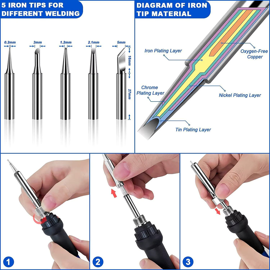 ILIBILIB 60W Lötkolben-Set in Blau mit einstellbarer Temperatur von 200-450°C und 5 Aufsätzen für DIY-Elektronikreparaturen - Bild 5