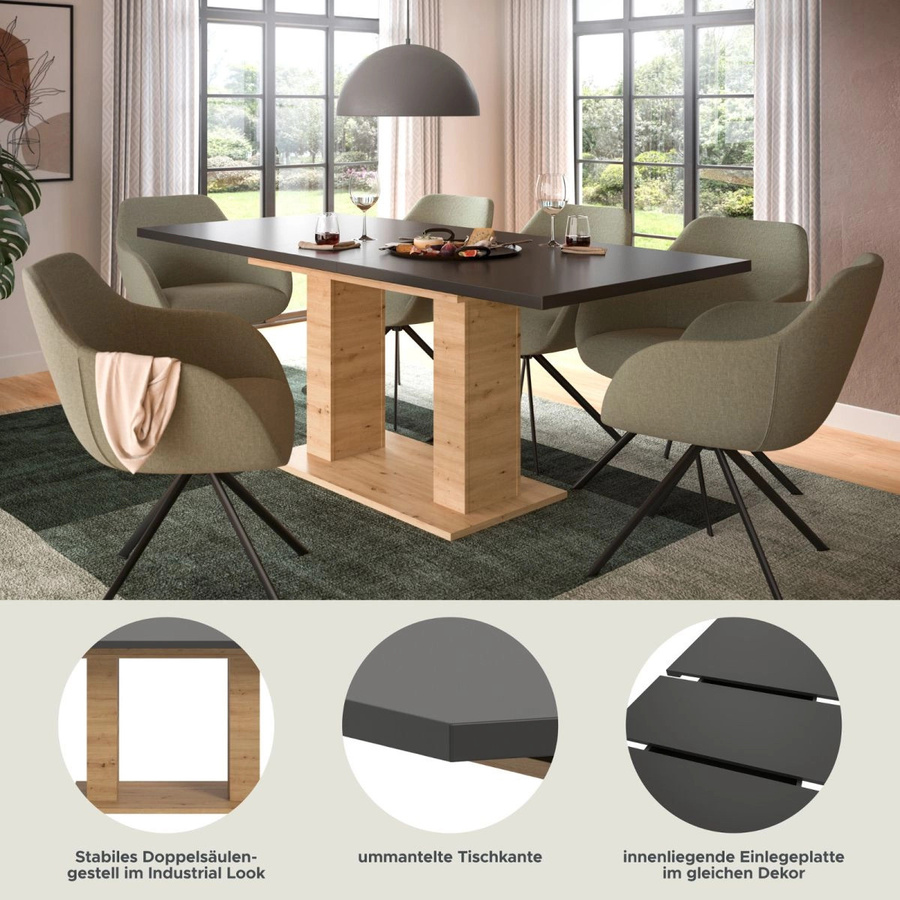 Inn.Furn Esstisch ausziehbar in Grau und Eiche, B/T/H: 150 x 90 x 76 cm, erweiterbar auf 190 cm - Bild 5