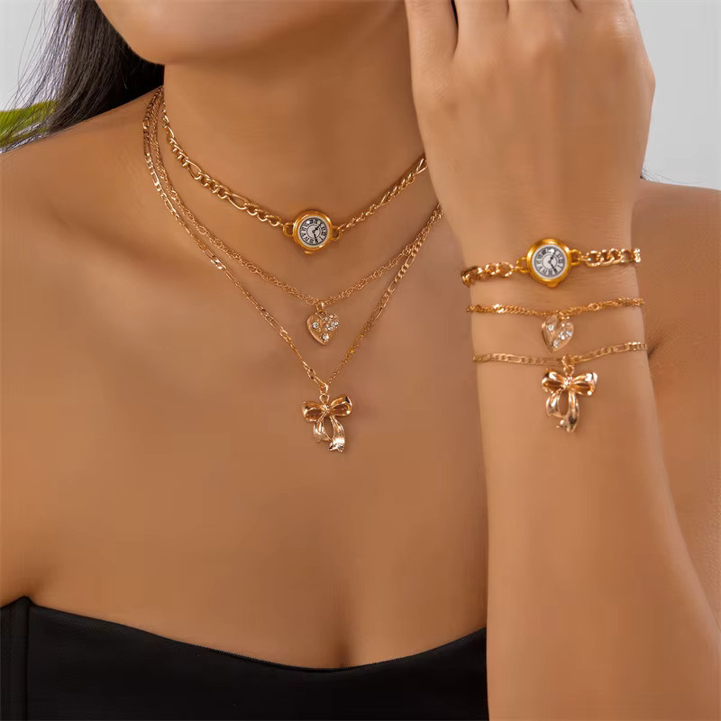 RINHOO FRIENDSHIP Schmuck-Set, 3-teilig, Herzförmige Schleifenknoten-Anhänger, Choker-Halskette, Gold, Metall, Damen - Bild 2