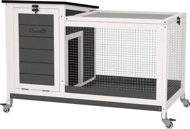 PawHut Kaninchenstall aus Tannenholz mit Freilaufgehege und Klappdach in Grau, B/T/H: 92 x 52 x 67 cm - Bild 1