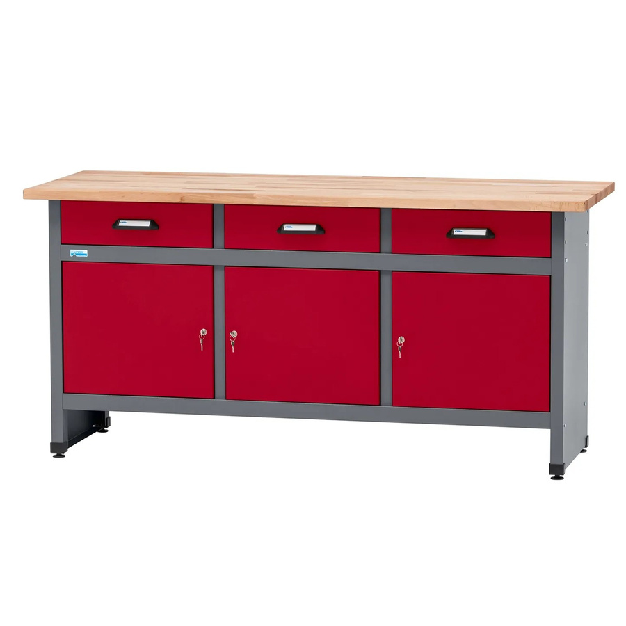 Küpper Werkbank mit 3 Türen und 3 Schubladen in Dunkelrot und Buche, B/T/H: 170 x 60 x 84 cm - Bild 2