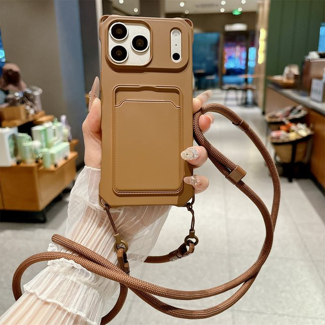 Silikon Handyhülle mit Geldbörse, Kartenhalter und Umhängekordel für iPhone 11 bis iPhone 17 Air, Marke szHAIyu, Grau und Braun - Bild 1
