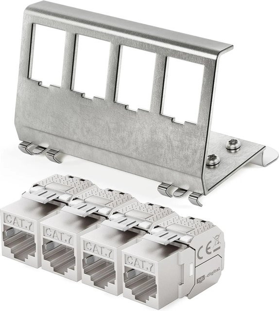 hb-digital Hutschienenadapter 4 Port mit CAT 7 Keystone Modul RJ46 in Silber - Bild 1