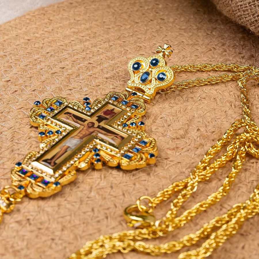 HTISOK Halskette, Anhänger, Orthodoxes Jesus Christus Kruzifix, Gold versilbert, Metalllegierung, Unisex - Bild 2