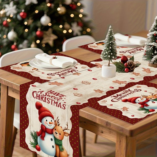 JIT Weihnachts-Tischläufer aus Leinen mit Schneemann- und Hirsch-Motiv, rechteckig, mehrfarbig - Bild 1