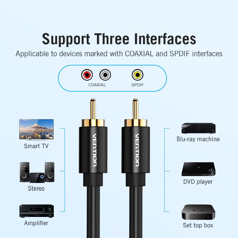 Vention RCA auf RCA Audiokabel Koaxialkabel für TV Box Verstärker Stereo HiFi 5.1 SPDIF Video Aux in Schwarz - Bild 3