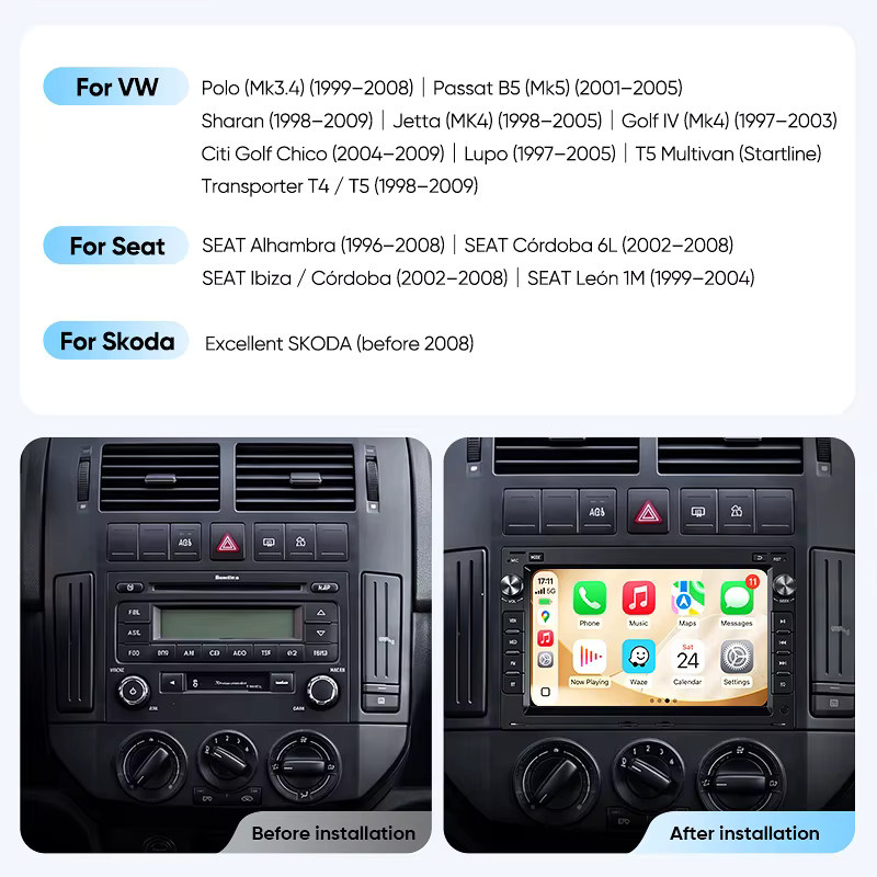 AINAVI 7 Zoll 2 Din Autoradio mit Wireless Carplay und Android Auto, IPS Touchscreen, Bluetooth 5.0, Schwarz, passend für VW Golf 4, Jetta MK4, Passat B5, Multivan T5, Polo 4, Seat Leon und Skoda EOS - Bild 4