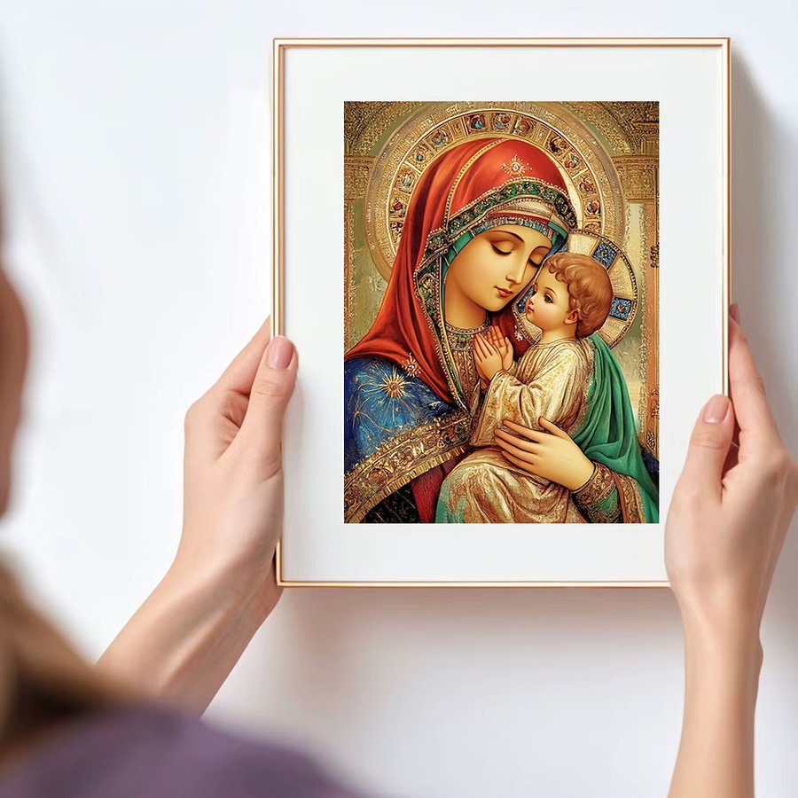 Huacan Diamantgemälde Heilige Mutter mit Kind als religiöses Porträt mit Rundbohrern in Mehrfarbig, B/H: 30 x 20 cm - Bild 3