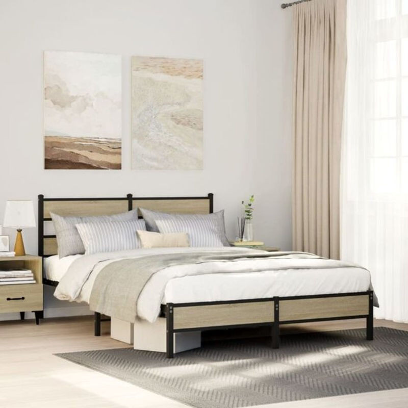 Bettgestell ohne Matratze von Vidaxl in Sonoma-Eiche Natur aus Holzwerkstoff und Stahl, B/T/H: 160 x 200 x 91,5 cm - Bild 1