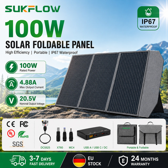 Sukflow 100W Faltbares Solarpanel Tragbares Ladegerät IP67 Wasserdicht für Camping und Wohnmobil - Bild 1