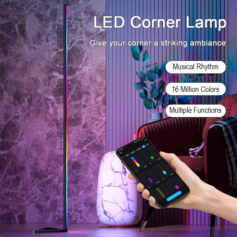Lumtang RGB-LED-Stehleuchte in Schwarz, moderne Eck-Bodenlampe mit dimmbarer Stimmungsbeleuchtung, Höhe: 140 cm - Bild 3