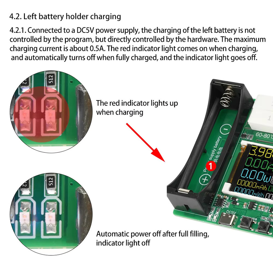 Aideepen Kapazitätstester Modul für 18650/21700 Lithium-Batterien mit LCD Digital Display und USB-C Anschluss zur Messung von mAh/mWh - Bild 2