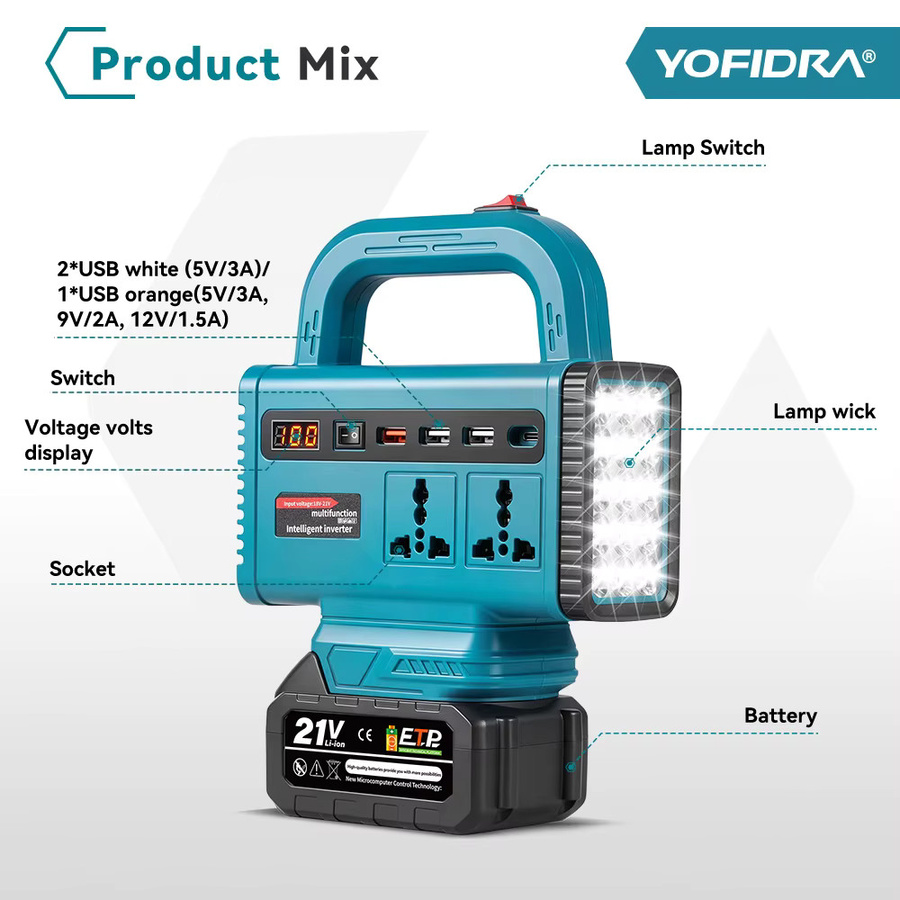YOFIDRA 6-in-1 Akku-Stromwechselrichter mit USB-Typ-C-Steckdose und LED-Licht, kompatibel mit Makita-Akkus, Notstromversorgung für den Außenbereich - Bild 2