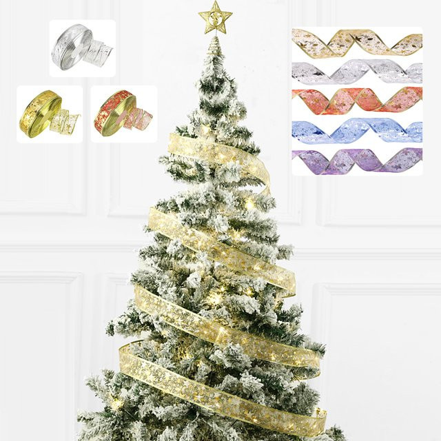Glitzerndes Weihnachtsband in Gold mit Sternen-Motiv, 10 m Textilband mit Draht für Weihnachtsbaum, Kränze und Geschenkverpackungen - Bild 1
