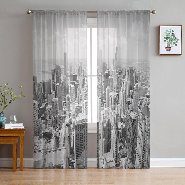 Transparente Tüll-Vorhänge mit Chicago Stadtsilhouette Grafik für Wohnzimmer und Küche, Farbe: Transparent, Breite: 135 cm, Höhe: 215 cm - Bild 1