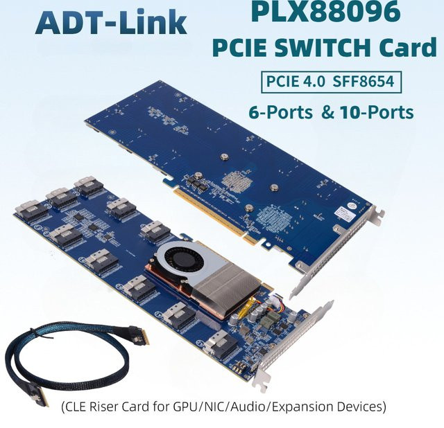 ADT-Link PLX88096 Erweiterungs-Split-Karte PCIe Switch Karte X16 mit 10 SFF 8654 8i zu 5 PCIe 4.0 X16 und 10-Port PCIe 4.0 X8 Multi-Karten-Erweiterung in Blau - Bild 1