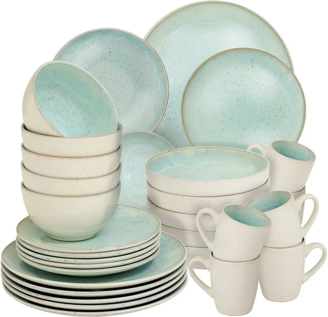 Tectake Kombiservice Mare für 6 Personen im maritimen Design, Farbe: Mint/Türkis, B/T/H: 26,5 x 26,5 x 2,5 cm - Bild 1