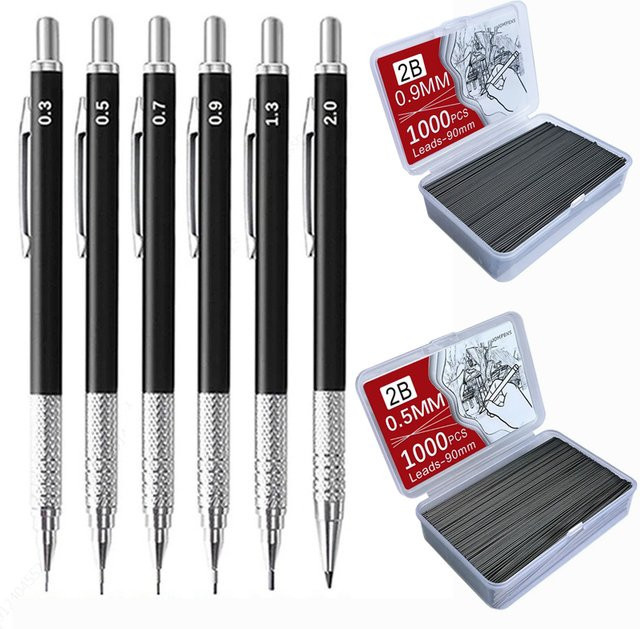 Hopk Metall-Druckbleistift Set in Schwarz mit 2B Graphitminen für Schreiben, Zeichnen und Skizzieren - Bild 1