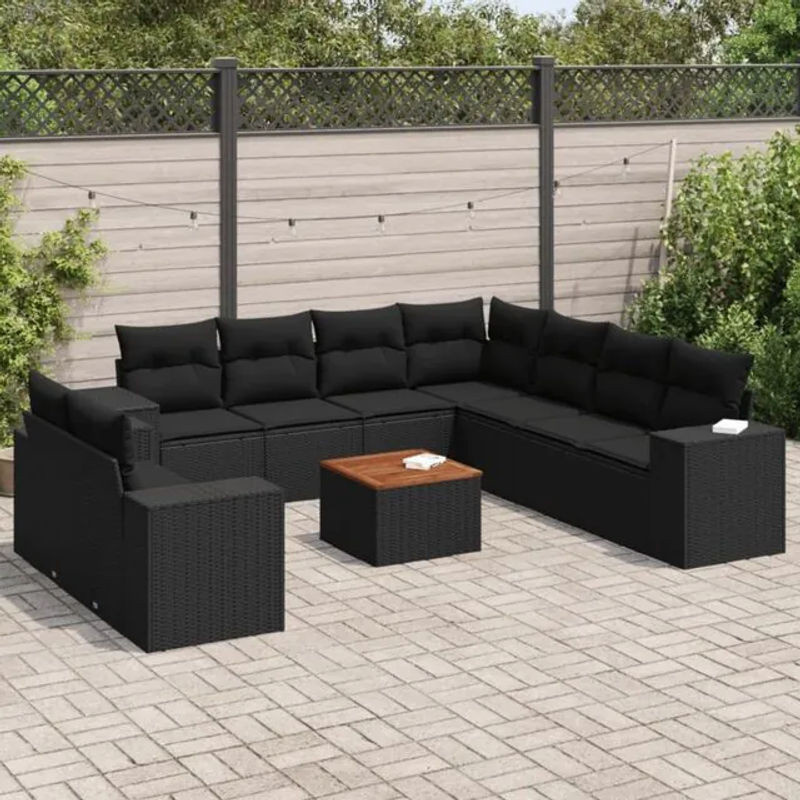 10-tlg. Garten-Sofagarnitur aus Poly-Rattan mit Kissen in Schwarz von vidaxl - Bild 1