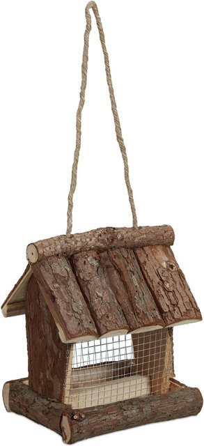 Relaxdays Vogelfutterhaus aus Holz und Metall in Natur zum Aufhängen, B/T/H: 17 x 15 x 12 cm - Bild 1