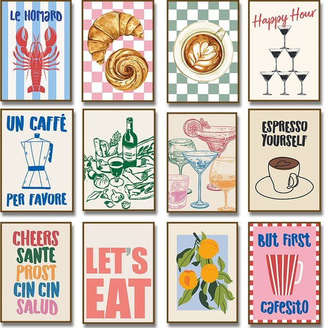 Retro Wandkunst Leinwanddruck mit Kaffee, Croissant und Cocktails für deine Bar oder Küche, mehrfarbig - Bild 1
