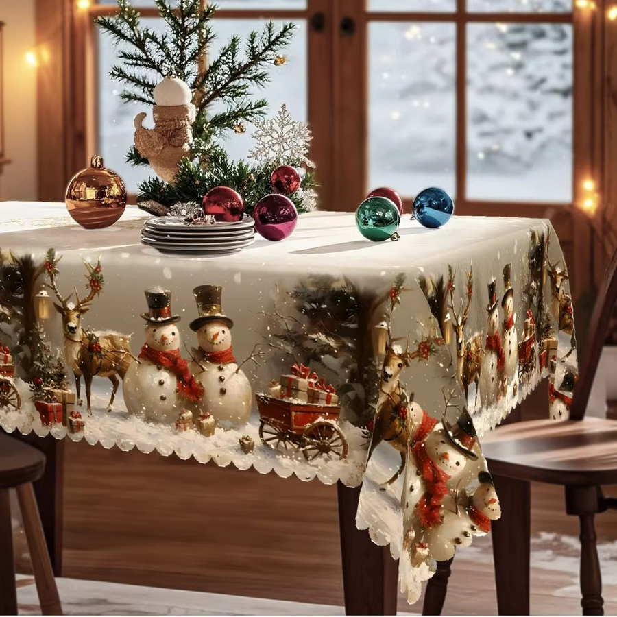 VIKAMA Vintage-Weihnachtstischdecke mit Schneemännern und Weihnachtsbäumen in Weiß - Bild 3