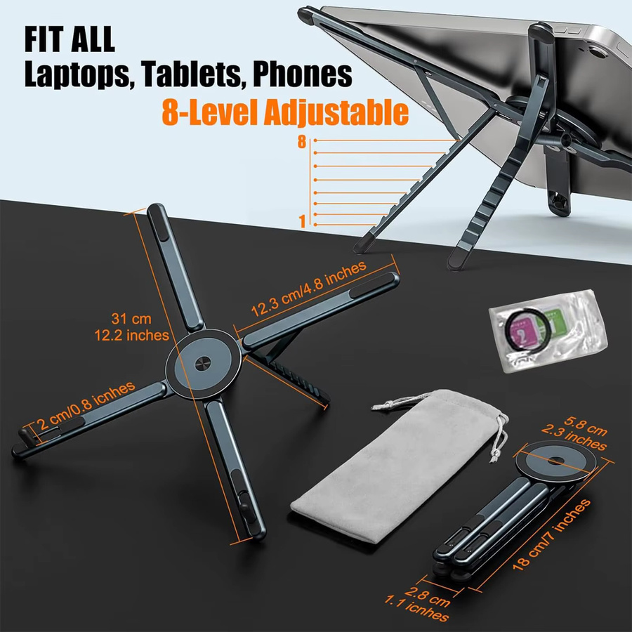 Verstellbarer 3-in-1 Laptop-Ständer aus Aluminiumlegierung, magnetisch und faltbar, für Laptops, Tablets und Handys, Farbe: Orange - Bild 5
