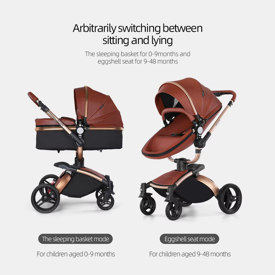 3-in-1 Kinderwagen von Warm House in Braun mit PU-Leder und Babywanne für Neugeborene - Bild 2