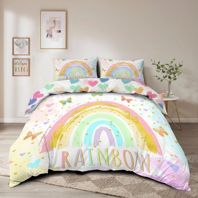 3-teiliges Bettwäsche-Set mit Schmetterlings-Regenbogen-Motiv in Multicolour, Digitaldruck-Duvetcover - Bild 1