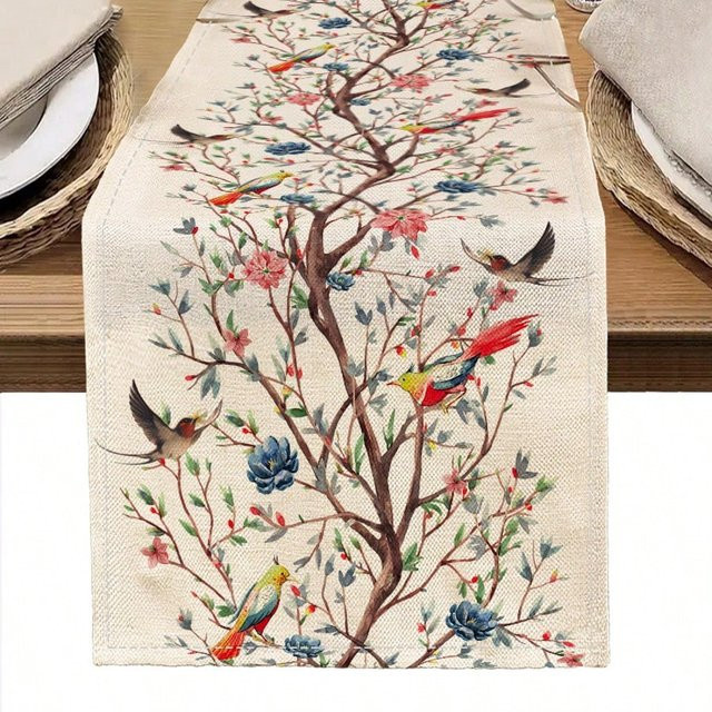 JIT Tischläufer aus Leinen mit Vogelbaum-Blumenmuster in Mehrfarbig - Bild 1