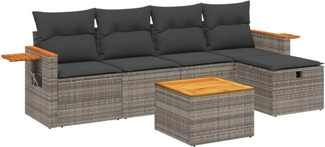 vidaXL 6-teilige Garten-Sofagarnitur in L-Form aus Poly-Rattan in Grau mit Kissen und Metallgestell - Bild 1