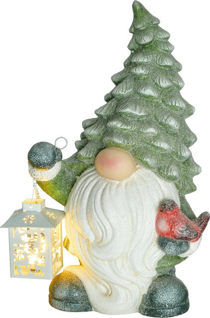 HOMCOM Weihnachtsfigur Weihnachtsmann mit Weihnachtsbaum-Mütze und Laterne sowie LED-Licht, Weiß-Grün, Höhe: 42 cm - Bild 1