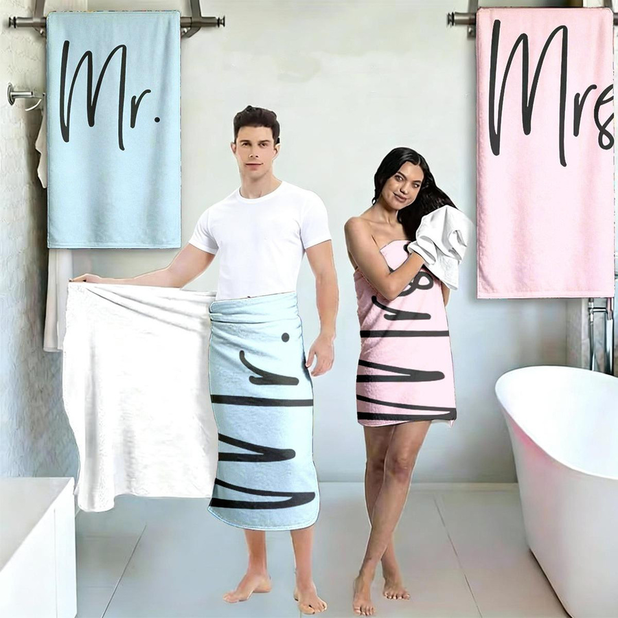 JMG Household Supplies Strandtuch Set Mr & Mrs in Hellblau und Hellrosa, schnelltrocknend und flauschig, B/H: 70 x 150 cm - Bild 1