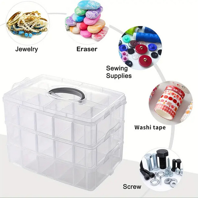 Stapelbare Aufbewahrungsbox aus Kunststoff in Transparent mit verstellbaren Fächern für Schmuck und Bastelzubehör - Bild 1