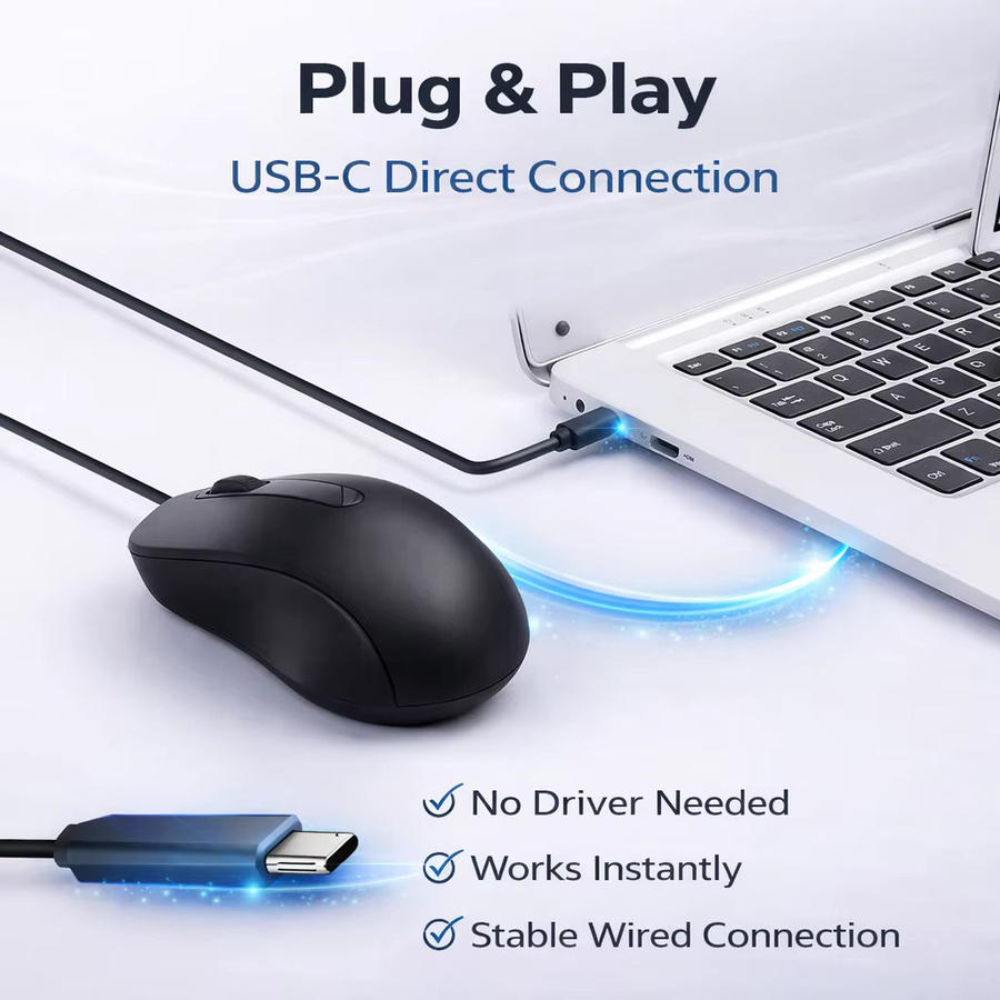 LISCN USB-C-Maus mit Kabel in Schwarz, leiser Klick, 1000 DPI, Plug-and-Play für Laptop, Tablet und Smartphone, kompatibel mit Mac, Windows und Android - Bild 2