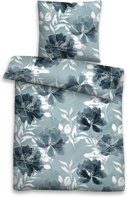 Bettwäsche Biber mit floralem Naturmuster in Petrol und Blau, Set bestehend aus Bettbezug und Kissenbezug, B/H: 155 x 220 cm und 80 x 80 cm - Bild 1