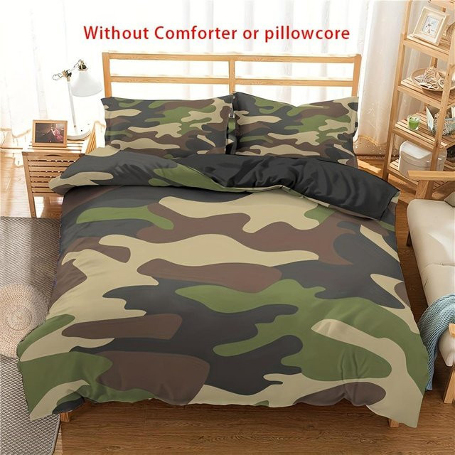 3-teiliges Bettwäsche-Set mit Streifen im Militärstil, Grün, Material Mikrofaser, B/H: 135 x 200 cm - Bild 1
