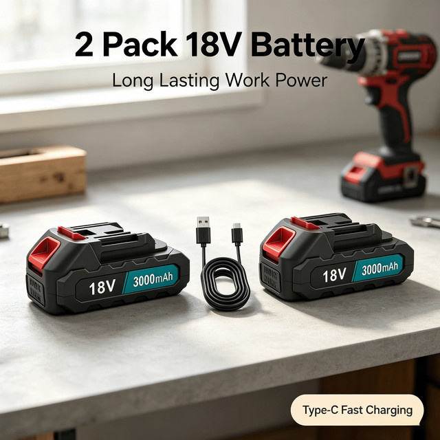 2er-Pack Ersatzakku für Makita 18V Akku-Werkzeuge mit 3000mAh und USB-C-Ladeanschluss, Schwarz - Bild 1