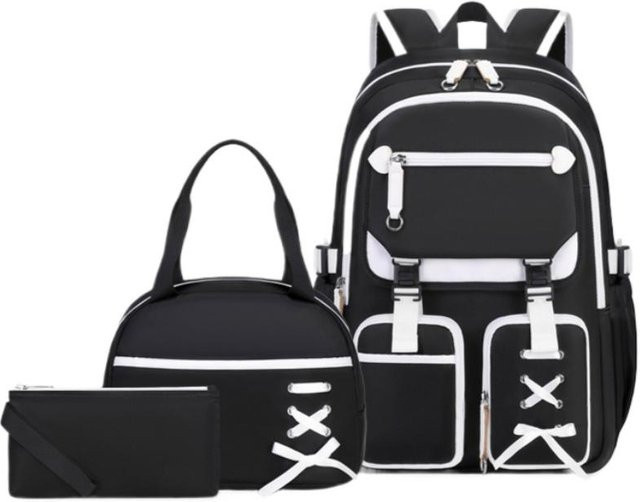 3er Set Schulranzen mit Brotzeittasche und Federtasche von Fancy Style Studio in Schwarz - Bild 1