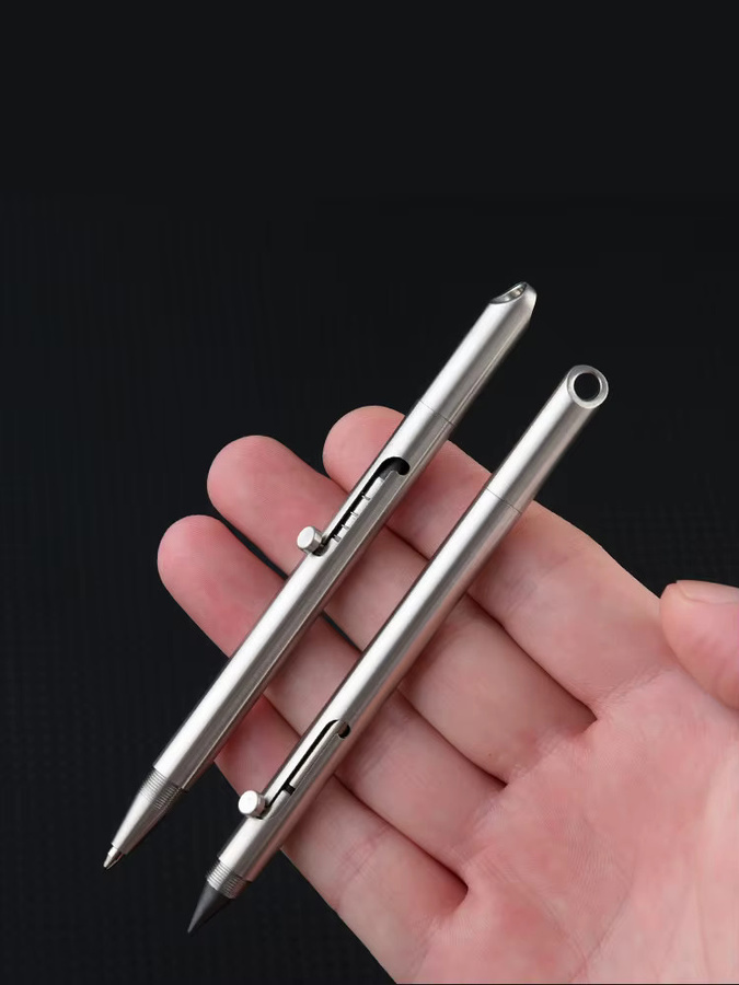 ELESESAFE 2-in-1 Taktikstift aus Edelstahl in Silber als tragbares EDC-Überlebenswerkzeug und Kugelschreiber mit Schlüsselanhänger - Bild 4