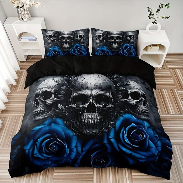 Bettwäsche Set Your Warm Home mit Blaue Rose Totenkopf Druck, B/H: 150 x 200 cm, inklusive 2 Kissenbezügen - Bild 1
